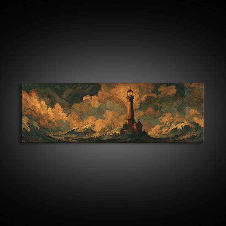 Lighthouse with Crashing Waves Canvas Print, Traditional Art, Dark Art, Living Room Decor, Oil Painting, Classic, TRA-3x1-85