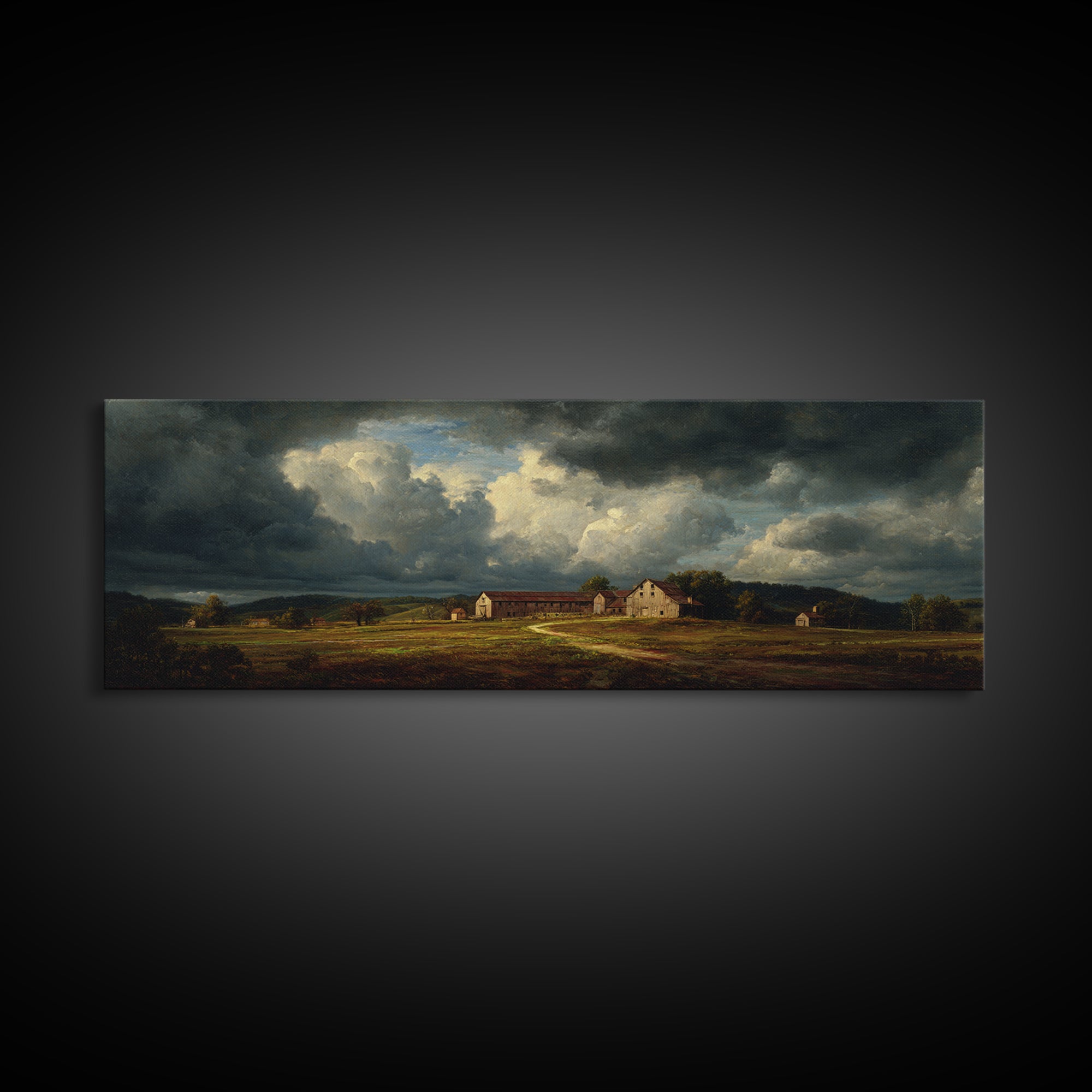 Barn and Farmland Framed Canvas Print, Traditional Art, Boho, Living Room Decor, Classic, Indian Wall Art, Japanese Decor, TRA-3x1-87