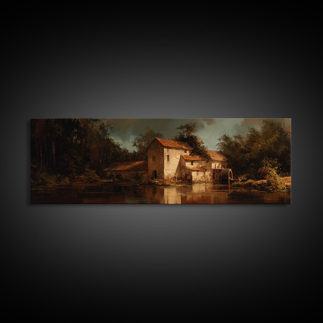 Watermill Beside a Quiet Stream Framed Canvas Print, Traditional Art, Living Room Decor, Fine Art, Classic, Dark Art, TRA-3x1-9