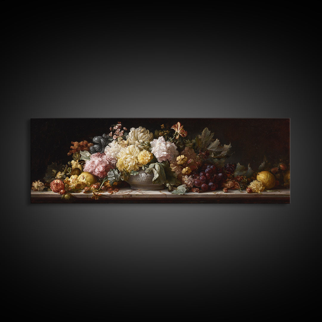 Formal Floral Still Life Framed Canvas Print, Traditional Art, Indian Decor, Living Room Decor, Fine Art, Classic, Luxury Decor, TRA-3x1-90