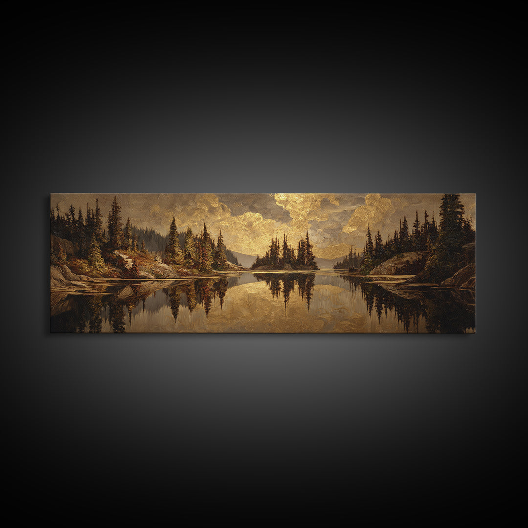 Mountain Lake with Pine Forest Reflection Canvas Print, Traditional Art, Luxury Decor, Living Room Decor, Fine Art, Classic, TRA-3x1-97