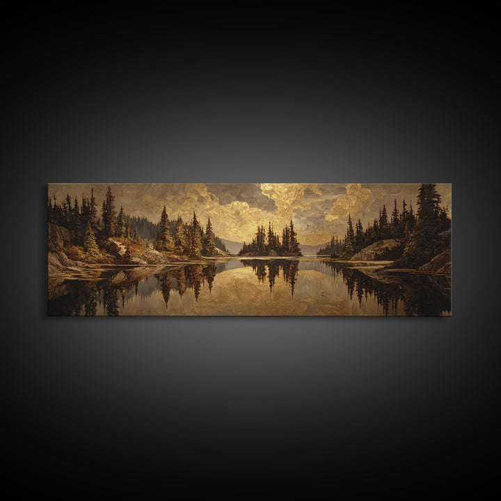 Mountain Lake with Pine Forest Reflection Canvas Print, Traditional Art, Luxury Decor, Living Room Decor, Fine Art, Classic, TRA-3x1-97