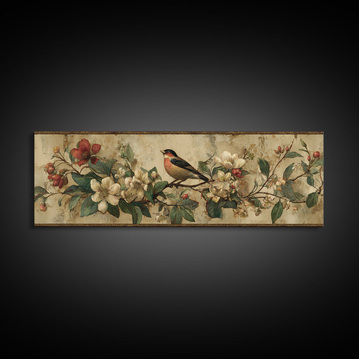 Bird Study on a Flowering Branch Canvas Print, Traditional Art, Indian Art, Living Room Decor, Oil Painting, Classic, TRA-3x1-98