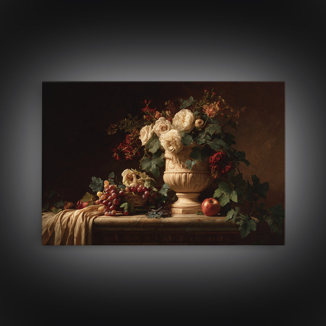Garden Urn with Roses and Ivy Framed Canvas Print, Traditional Art, Wall Art, Living Room Decor, Watercolor Art, Classic, TRA-3x2-100
