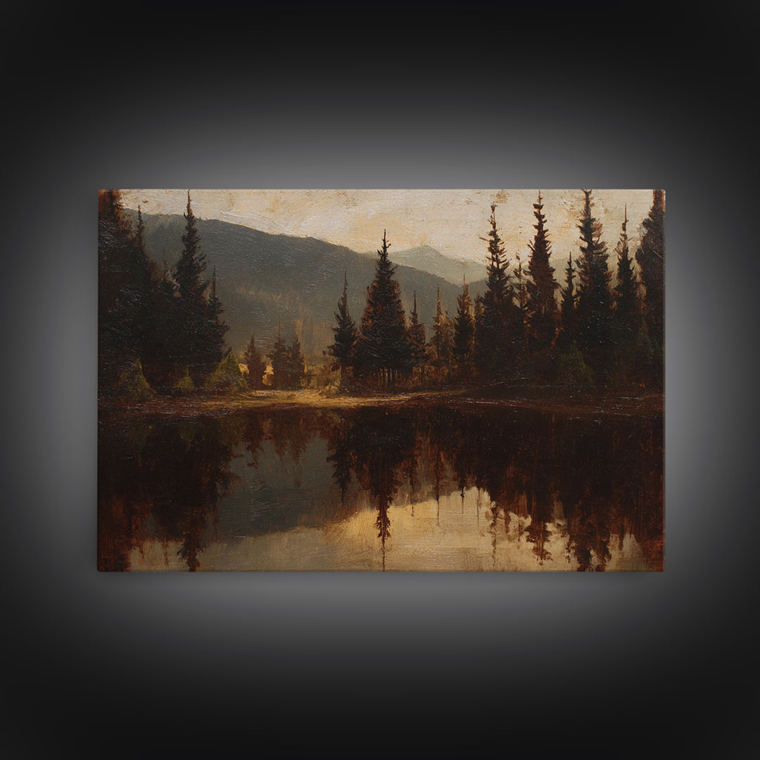 Mountain Lake with Pine Forest Reflection Framed Canvas Print, Traditional Art, Indian Wall Art, Living Room Decor, Classic, TRA-3x2-13