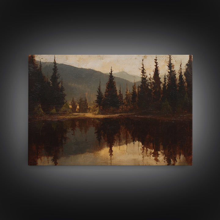 Mountain Lake with Pine Forest Reflection Framed Canvas Print, Traditional Art, Indian Wall Art, Living Room Decor, Classic, TRA-3x2-13