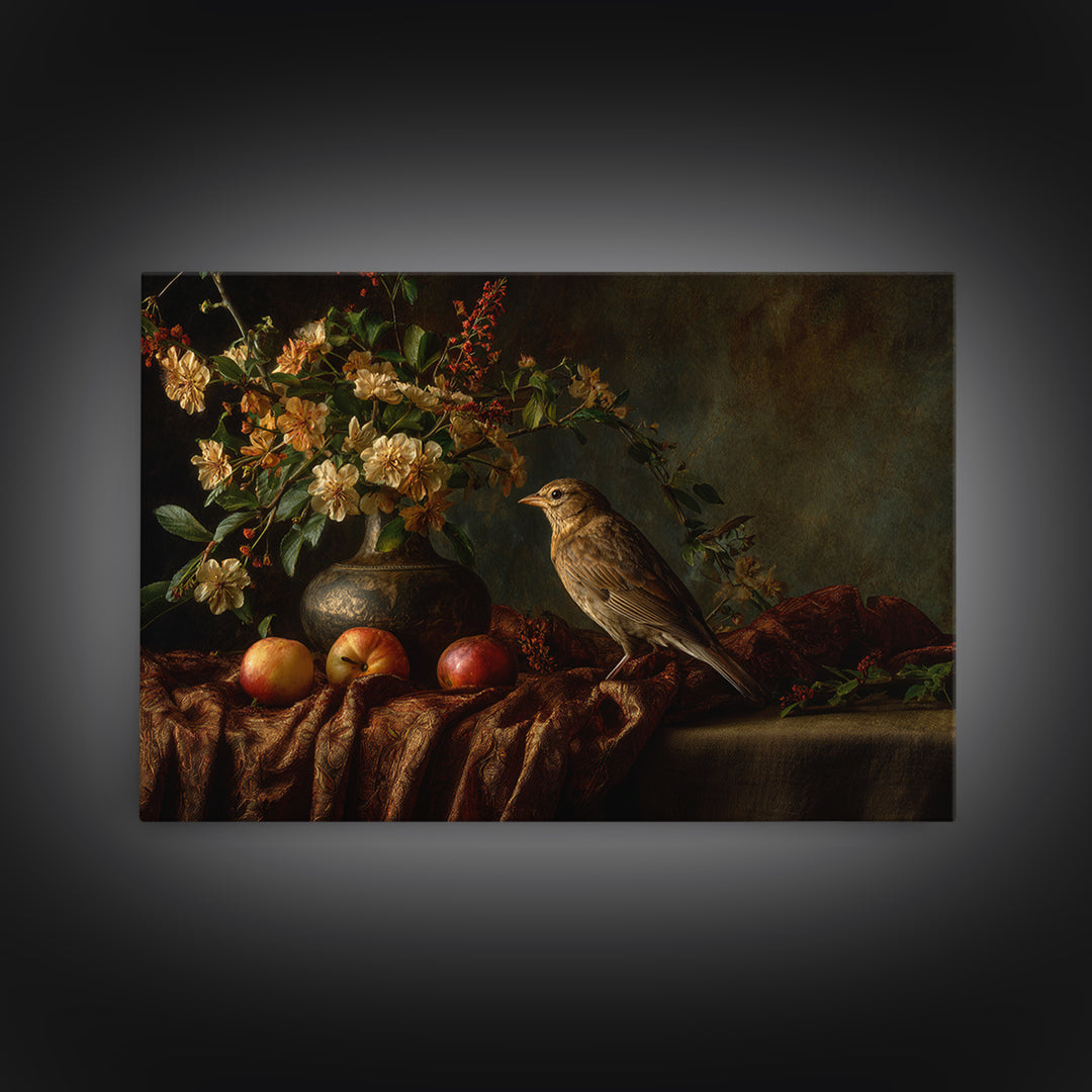 Bird Study on a Flowering Branch Framed Canvas Print, Traditional Art, Artwork, Living Room Decor, Oil Painting, Classic, TRA-3x2-14