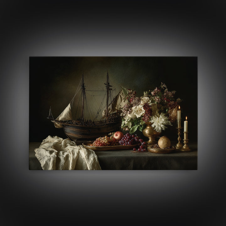 Ship at Sea Framed Canvas Print, Traditional Art, Original Art, Living Room Decor, Fine Art, Classic, Landscape, Indian Art, TRA-3x2-18