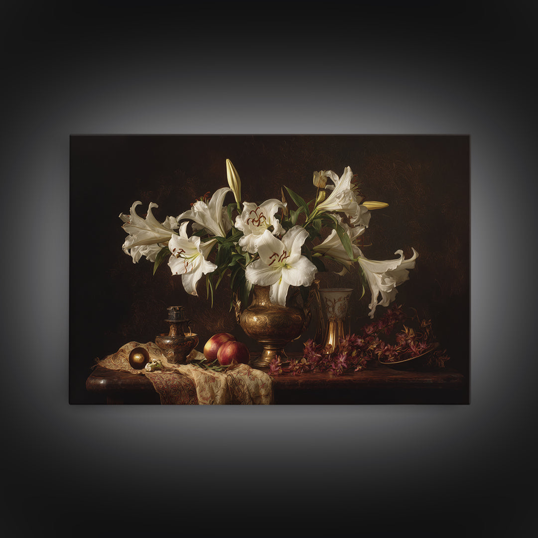 White Lilies on Dark Background Framed Canvas Print, Traditional Art, Statement Artwork, Living Room Decor, Fine Art, Classic, TRA-3x2-19