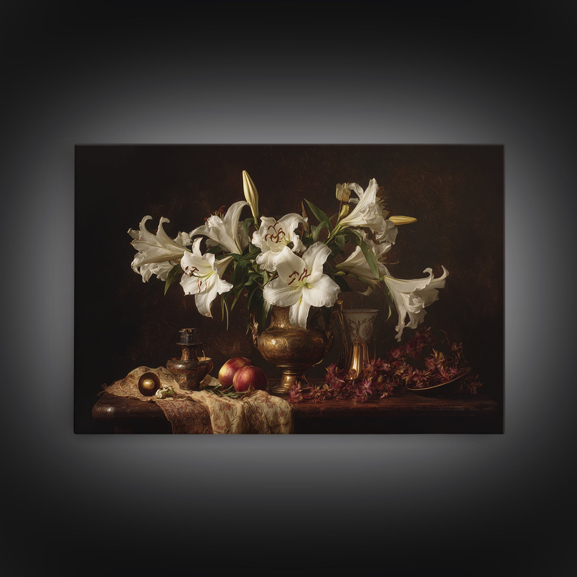 White Lilies on Dark Background Framed Canvas Print, Traditional Art, Statement Artwork, Living Room Decor, Fine Art, Classic, TRA-3x2-19