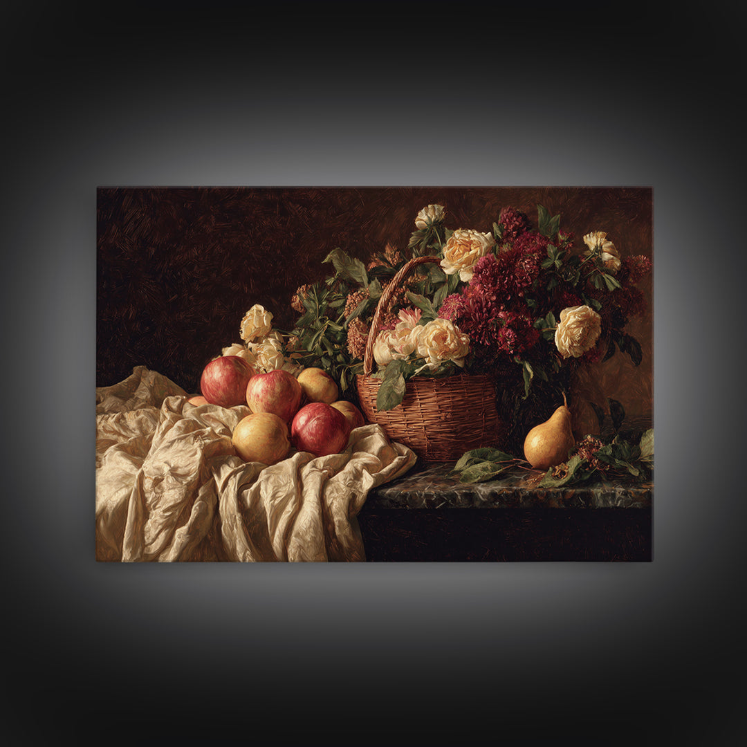 Basket of Apples and Pears on Linen Canvas Print, Traditional Art, Digital Print, Living Room Decor, Abstract Art, Classic, TRA-3x2-22