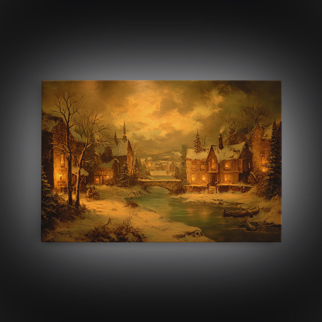 Snowy Village Landscape at Twilight Framed Canvas Print, Traditional Art, Indian Art, Living Room Decor, Oil Painting, Classic, TRA-3x2-23