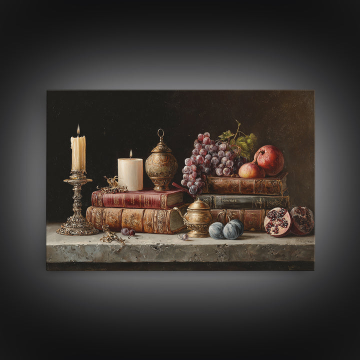 Still Life of Books Candle and Fruit Framed Canvas Print, Traditional Art, Indian Decor, Living Room Decor, Fine Art, Classic, TRA-3x2-24