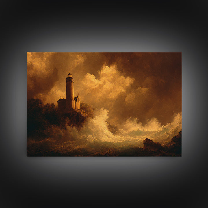 Lighthouse with Crashing Waves Framed Canvas Print, Traditional Art, Landscape, Living Room Decor, Abstract Art, Classic, TRA-3x2-25