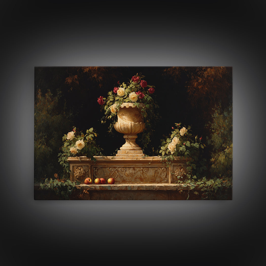 Garden Urn with Roses and Ivy Framed Canvas Print, Traditional Art, Custom Art, Living Room Decor, Fine Art, Classic, TRA-3x2-28