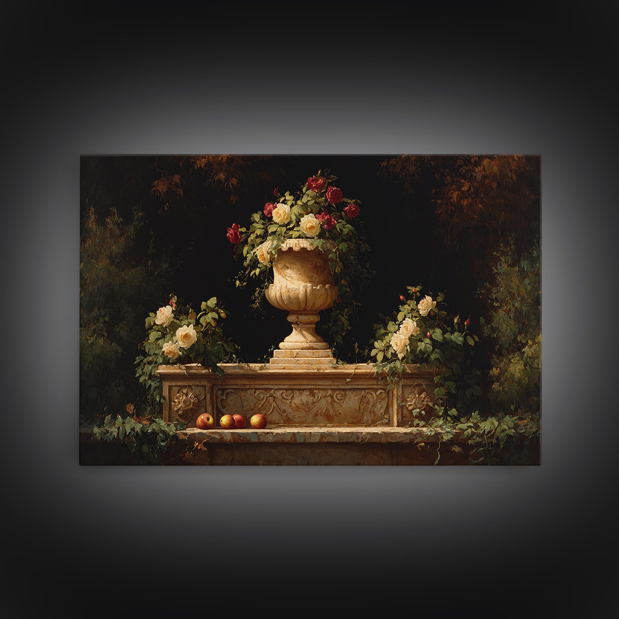 Garden Urn with Roses and Ivy Framed Canvas Print, Traditional Art, Custom Art, Living Room Decor, Fine Art, Classic, TRA-3x2-28