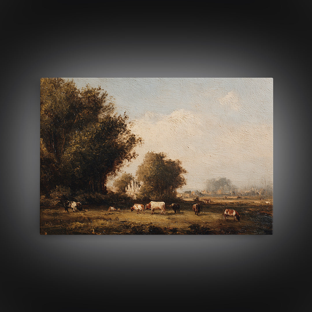 Pastoral Countryside with Cows in Field Framed Canvas Print, Traditional Art, Room Decor, Living Room Decor, Fine Art, Classic, TRA-3x2-35