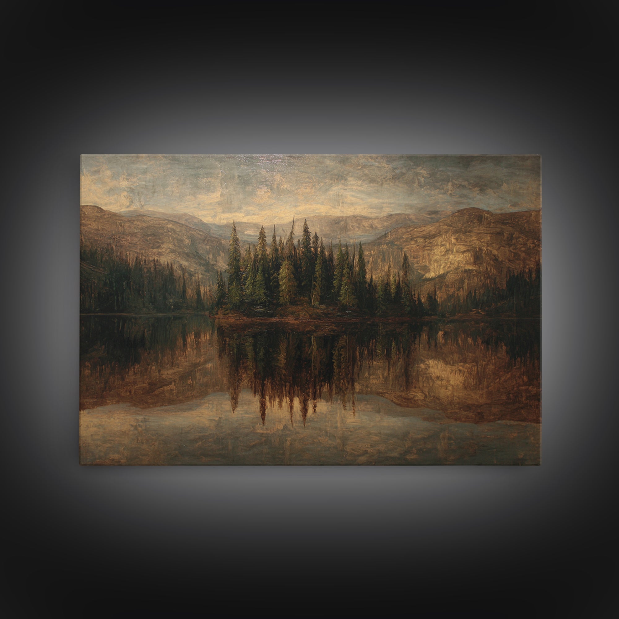 Mountain Lake with Pine Forest Reflection Canvas Print, Traditional Art, Dark Art, Living Room Decor, Fine Art, Classic, TRA-3x2-37