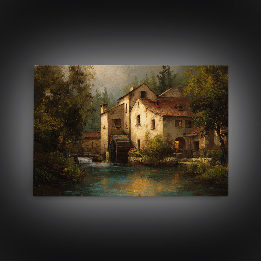 Watermill Beside a Quiet Stream Framed Canvas Print, Traditional Art, Gallery Decor, Living Room Decor, Fine Art, Classic, TRA-3x2-45