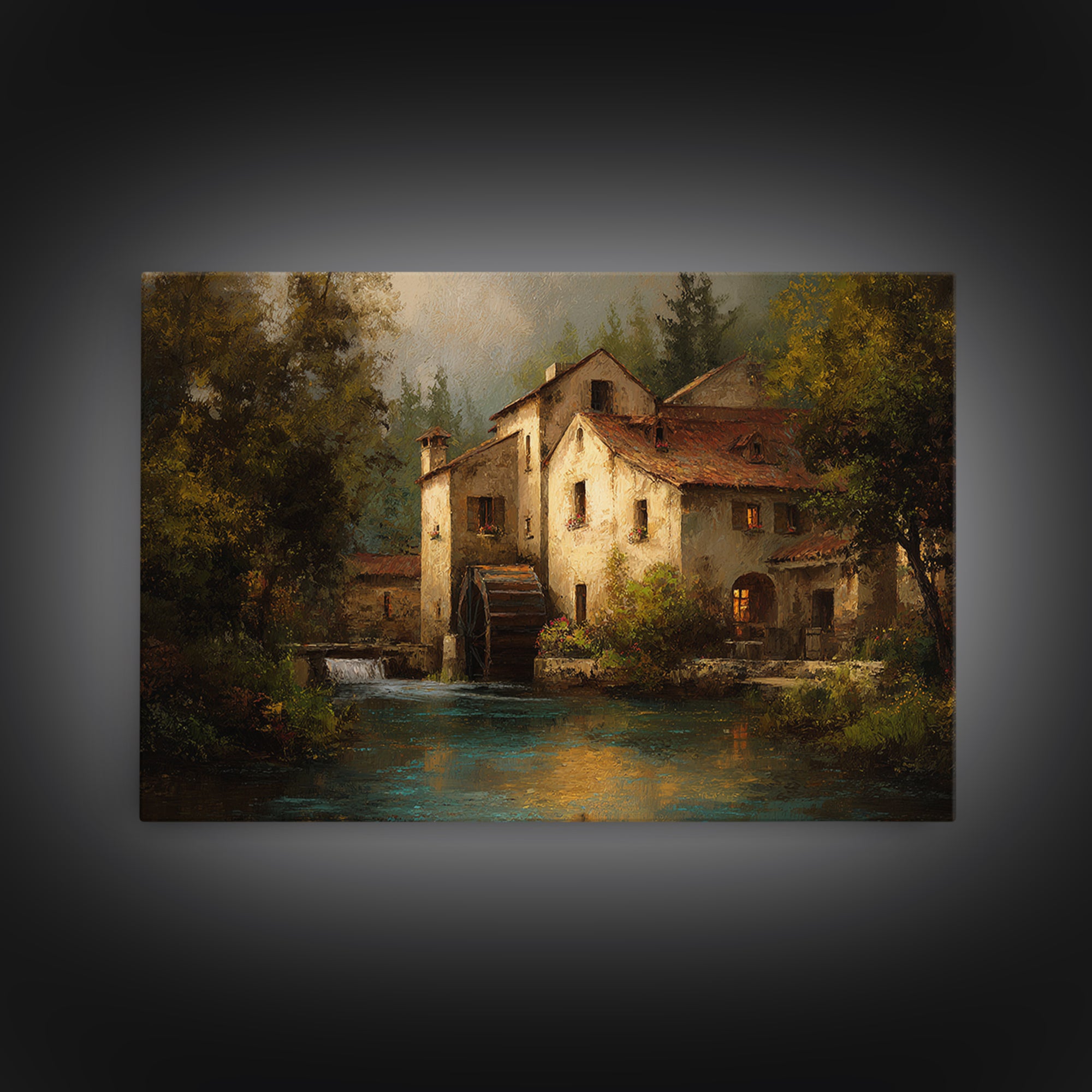 Watermill Beside a Quiet Stream Framed Canvas Print, Traditional Art, Gallery Decor, Living Room Decor, Fine Art, Classic, TRA-3x2-45