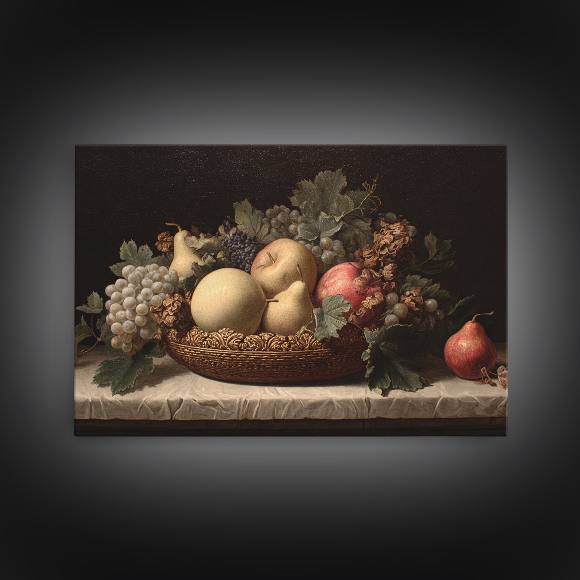 Basket of Apples and Pears on Linen Framed Canvas Print, Traditional Art, Custom Art, Living Room Decor, Abstract Art, Classic, TRA-3x2-46