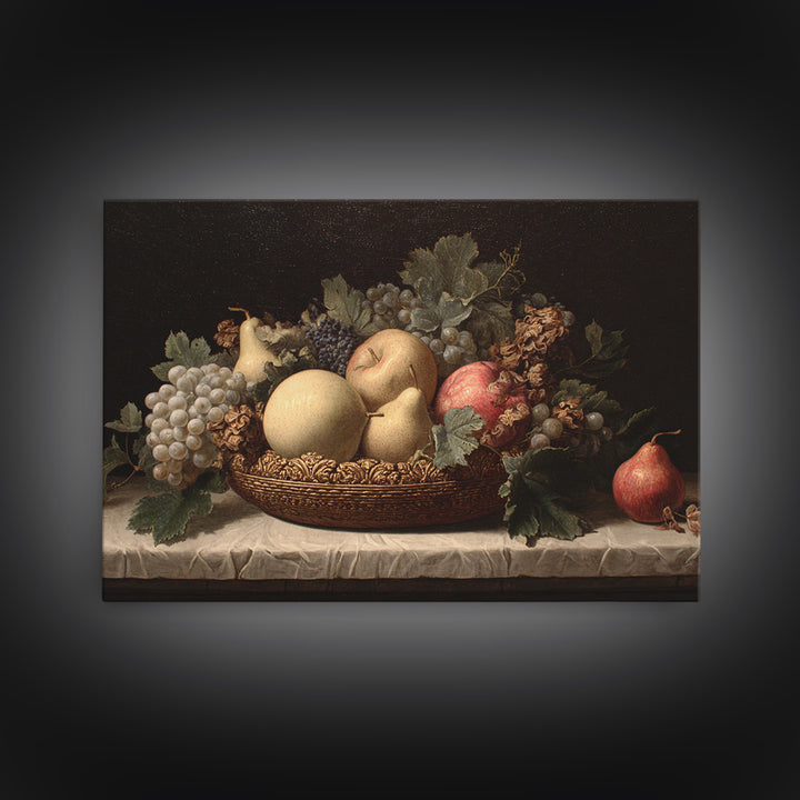 Basket of Apples and Pears on Linen Framed Canvas Print, Traditional Art, Custom Art, Living Room Decor, Abstract Art, Classic, TRA-3x2-46