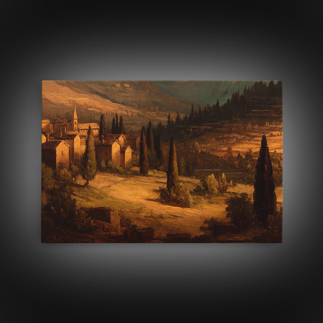 Snowy Village Landscape at Twilight Framed Canvas Print, Traditional Art, Art Print, Living Room Decor, Fine Art, Classic, TRA-3x2-47