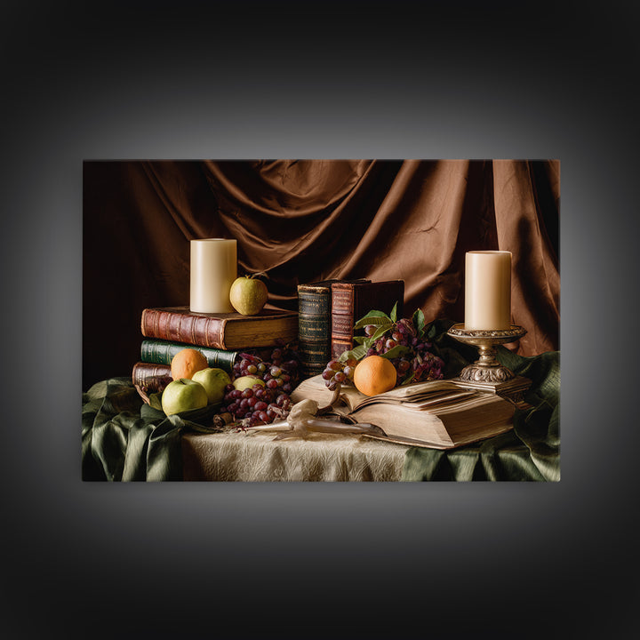 Still Life of Books Candle and Fruit Canvas Print, Traditional Art, Gallery Decor, Living Room Decor, Fine Art, Classic, TRA-3x2-48