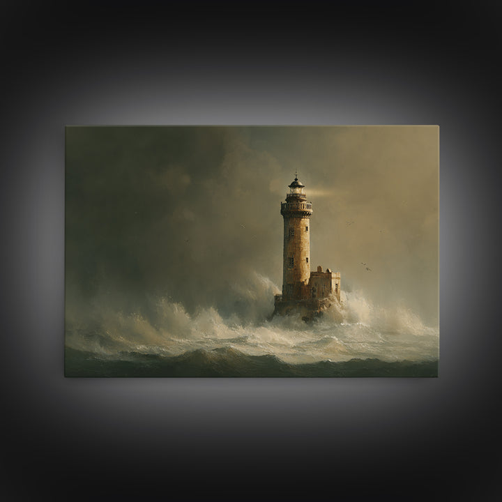 Lighthouse with Crashing Waves Canvas Print, Traditional Art, Neutral Decor, Living Room Decor, Fine Art, Classic, Home Decor, TRA-3x2-49