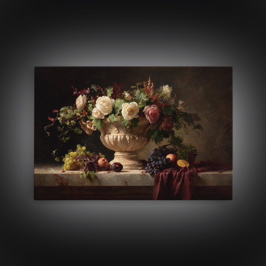 Garden Urn with Roses and Ivy Canvas Print, Traditional Art, Landscape, Living Room Decor, Fine Art, Classic, Textured Painting, TRA-3x2-52