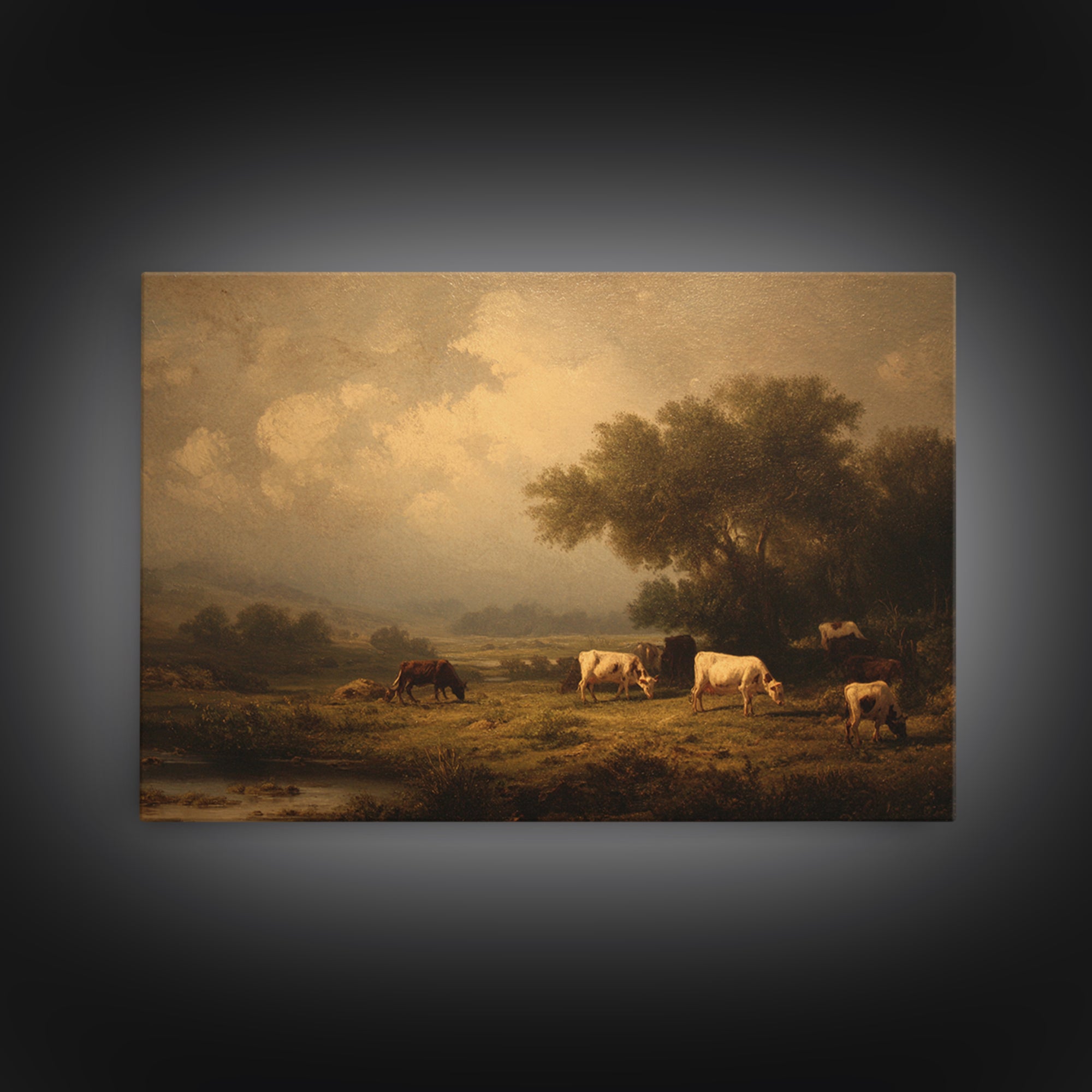 Pastoral Countryside with Cows in Field Framed Canvas Print, Traditional Art, Living Room Decor, Oil Painting, Classic, TRA-3x2-59