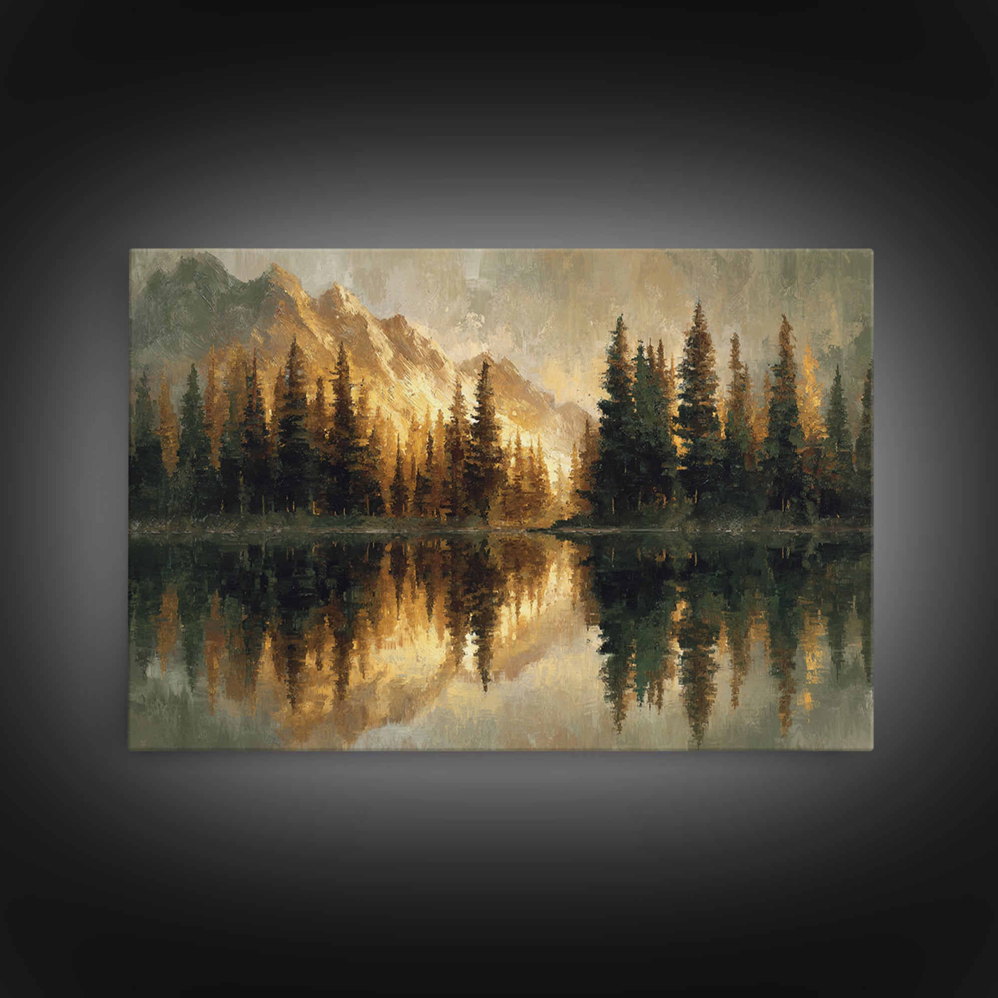 Mountain Lake with Pine Forest Reflection Canvas Print, Traditional Art, Dark Art, Living Room Decor, Fine Art, Classic, TRA-3x2-61
