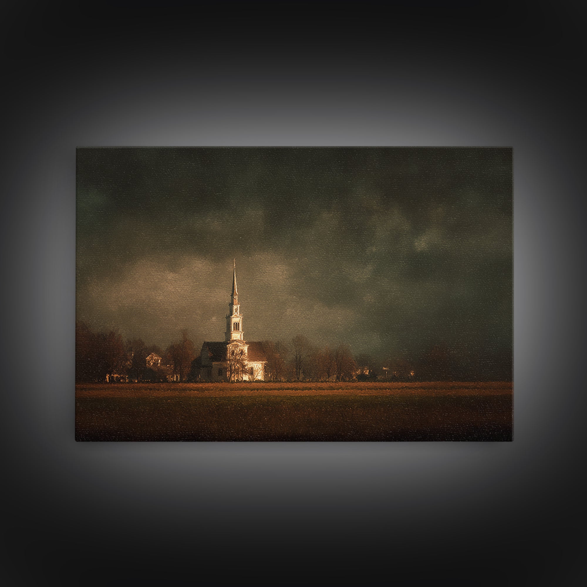 Church Steeple Across Rural Meadow Framed Canvas Print, Traditional Art, Pokemon Poster, Living Room Decor, Watercolor Art, TRA-3x2-65