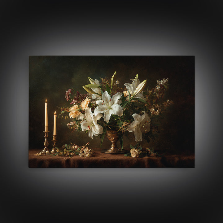 White Lilies on Dark Background Canvas Print, Traditional Art, Canvas, Living Room Decor, Watercolor Art, Classic, Furry Art, TRA-3x2-67
