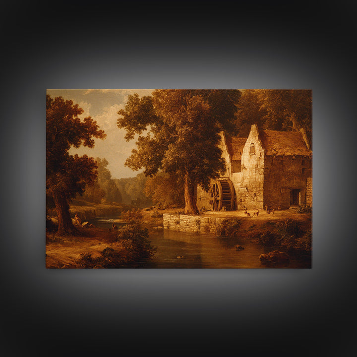 Watermill Beside a Quiet Stream Framed Canvas Print, Traditional Art, Gallery Decor, Living Room Decor, Fine Art, Classic, TRA-3x2-69