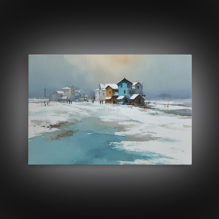Snowy Village Landscape at Twilight Framed Canvas Print, Traditional Art, Pokemon Poster, Living Room Decor, Watercolor Art, TRA-3x2-71