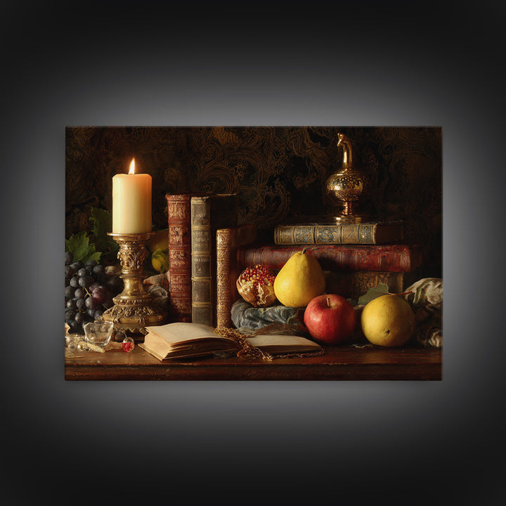 Still Life of Books Candle and Fruit Canvas Print, Traditional Art, Contemporary Art, Living Room Decor, Fine Art, Classic, TRA-3x2-72