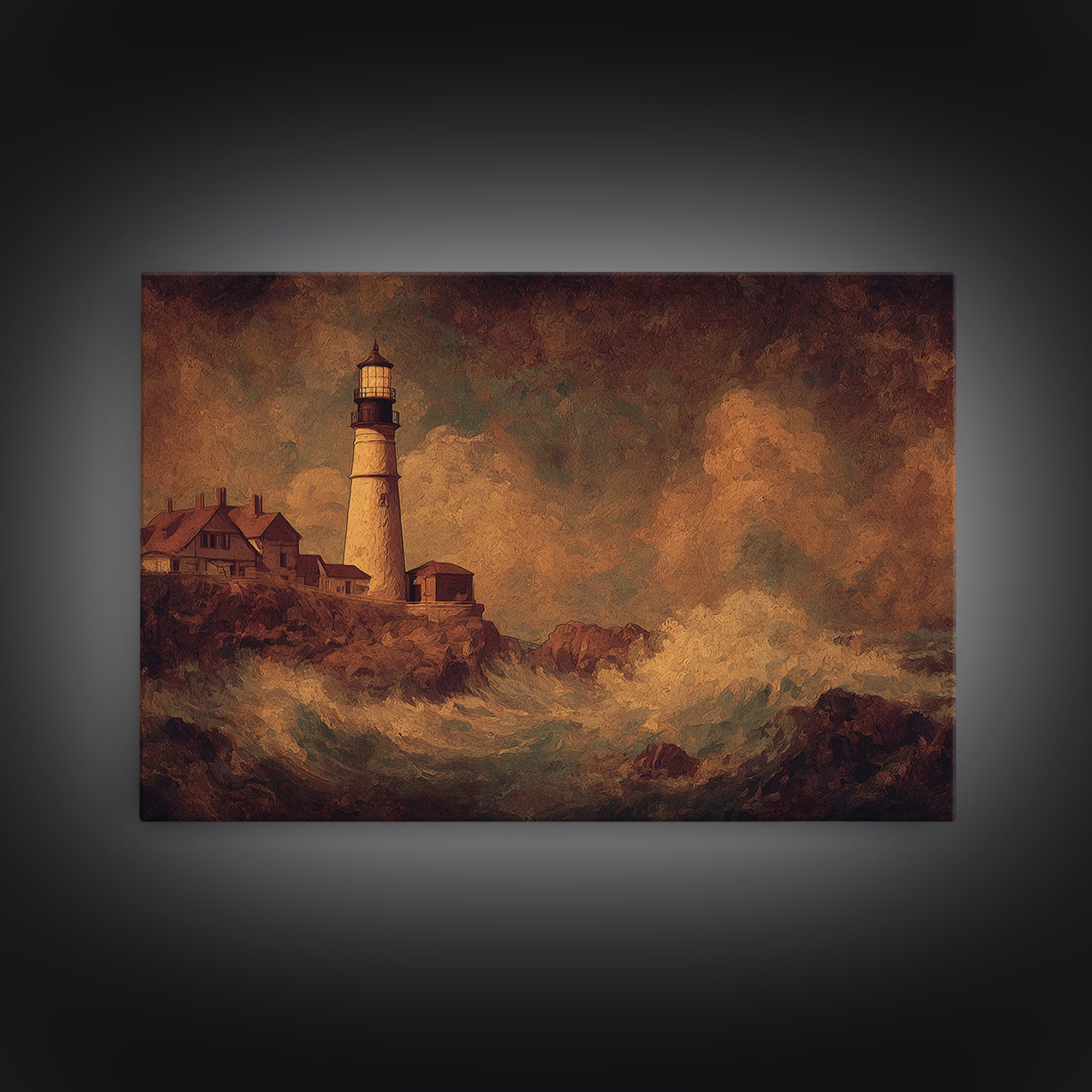 Lighthouse with Crashing Waves Canvas Print, Traditional Art, Neutral Decor, Living Room Decor, Fine Art, Classic, Home Decor, TRA-3x2-73