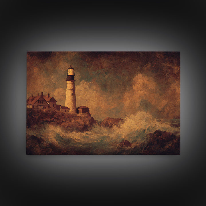 Lighthouse with Crashing Waves Canvas Print, Traditional Art, Neutral Decor, Living Room Decor, Fine Art, Classic, Home Decor, TRA-3x2-73