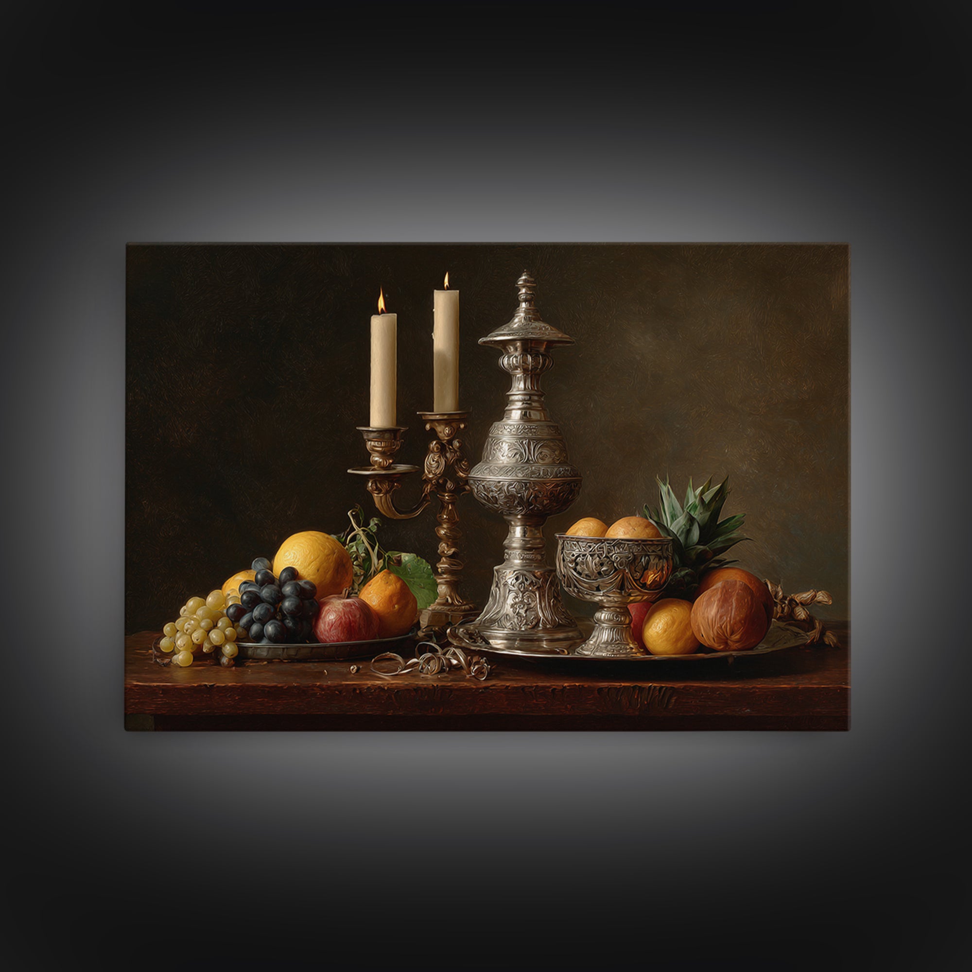 Dutch Fruit and Silver Goblet Still Life Framed Canvas Print, Traditional Art, Furry Art, Living Room Decor, Oil Painting, TRA-3x2-8
