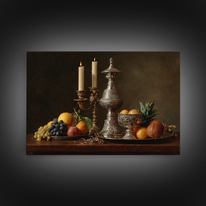 Dutch Fruit and Silver Goblet Still Life Framed Canvas Print, Traditional Art, Furry Art, Living Room Decor, Oil Painting, TRA-3x2-8