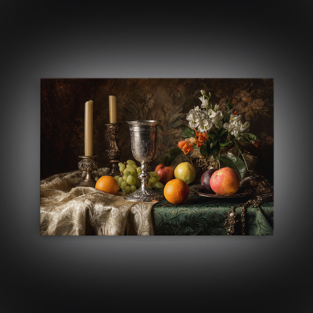 Dutch Fruit and Silver Goblet Still Life Framed Canvas Print, Traditional Art, Living Room Decor, Watercolor Art, Classic, TRA-3x2-80