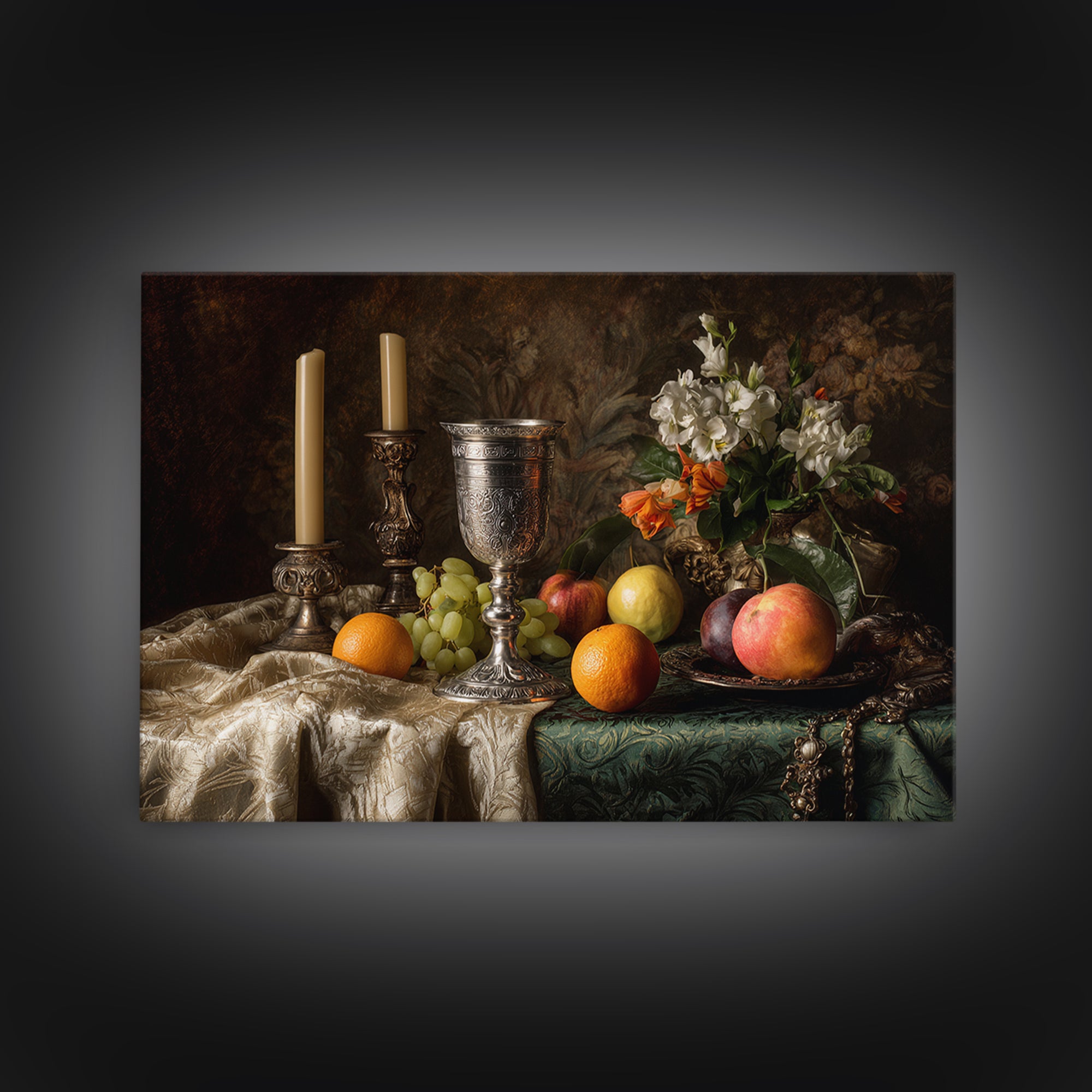 Dutch Fruit and Silver Goblet Still Life Framed Canvas Print, Traditional Art, Living Room Decor, Watercolor Art, Classic, TRA-3x2-80