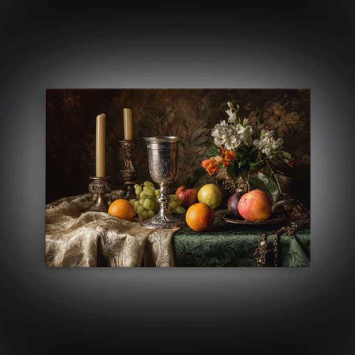 Dutch Fruit and Silver Goblet Still Life Framed Canvas Print, Traditional Art, Living Room Decor, Watercolor Art, Classic, TRA-3x2-80
