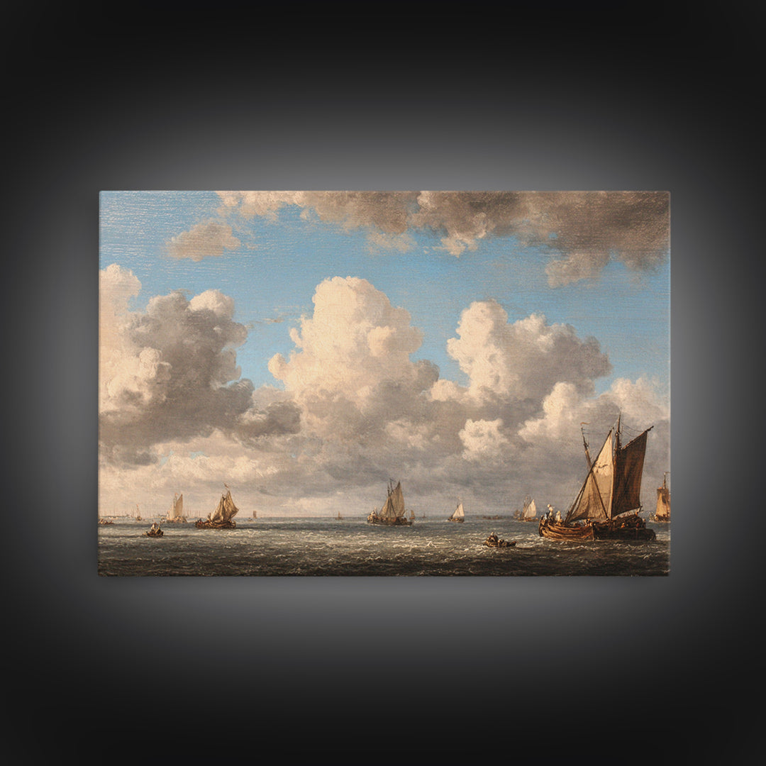 Seascape with Sailboats and Cloudy Sky Framed Canvas Print, Traditional Art, Fine Art Print, Living Room Decor, Classic, TRA-3x2-81