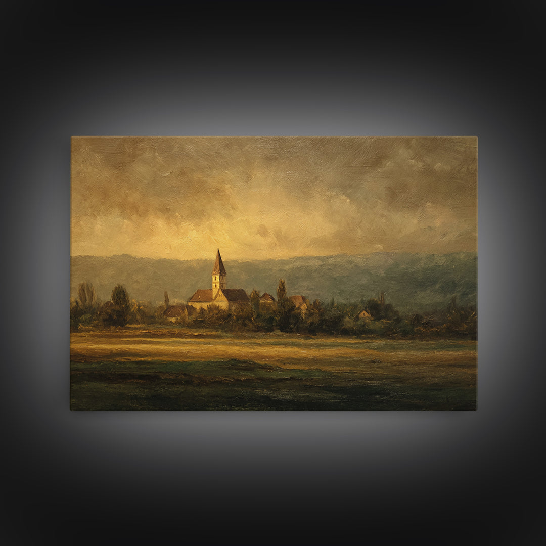 Church Steeple Across Rural Meadow Canvas Print, Traditional Art, Boho Decor, Living Room Decor, Fine Art, Classic, Painting, TRA-3x2-89