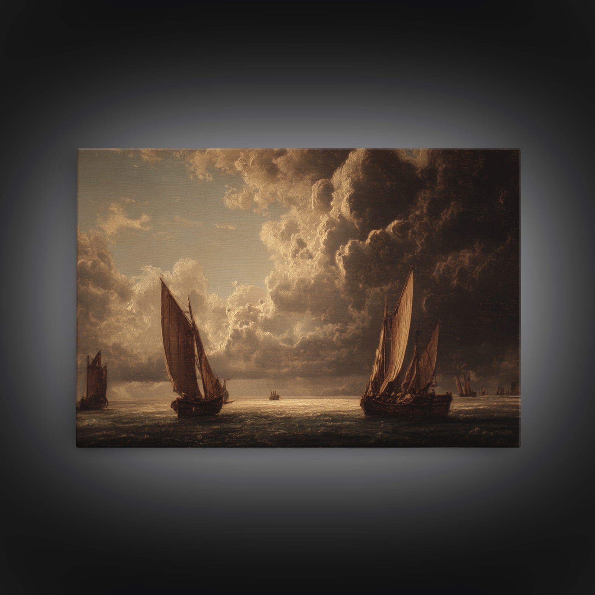 Seascape with Sailboats and Cloudy Sky Framed Canvas Print, Traditional Art, Watercolor Art, Living Room Decor, Classic, TRA-3x2-9