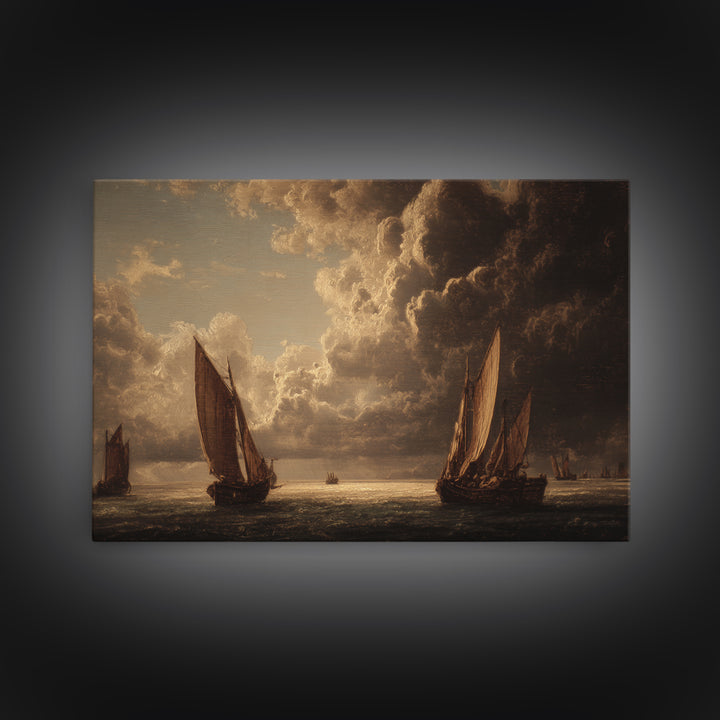 Seascape with Sailboats and Cloudy Sky Framed Canvas Print, Traditional Art, Watercolor Art, Living Room Decor, Classic, TRA-3x2-9