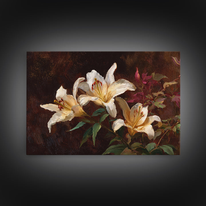 White Lilies on Dark Background Framed Canvas Print, Traditional Art, Digital Print, Living Room Decor, Oil Painting, Classic, TRA-3x2-91