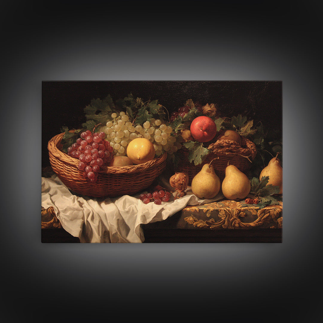 Basket of Apples and Pears on Linen Canvas Print, Traditional Art, Landscape, Living Room Decor, Fine Art, Classic, TRA-3x2-94